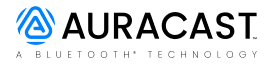 Logo with text reading Auracast a Bluetooth Technology